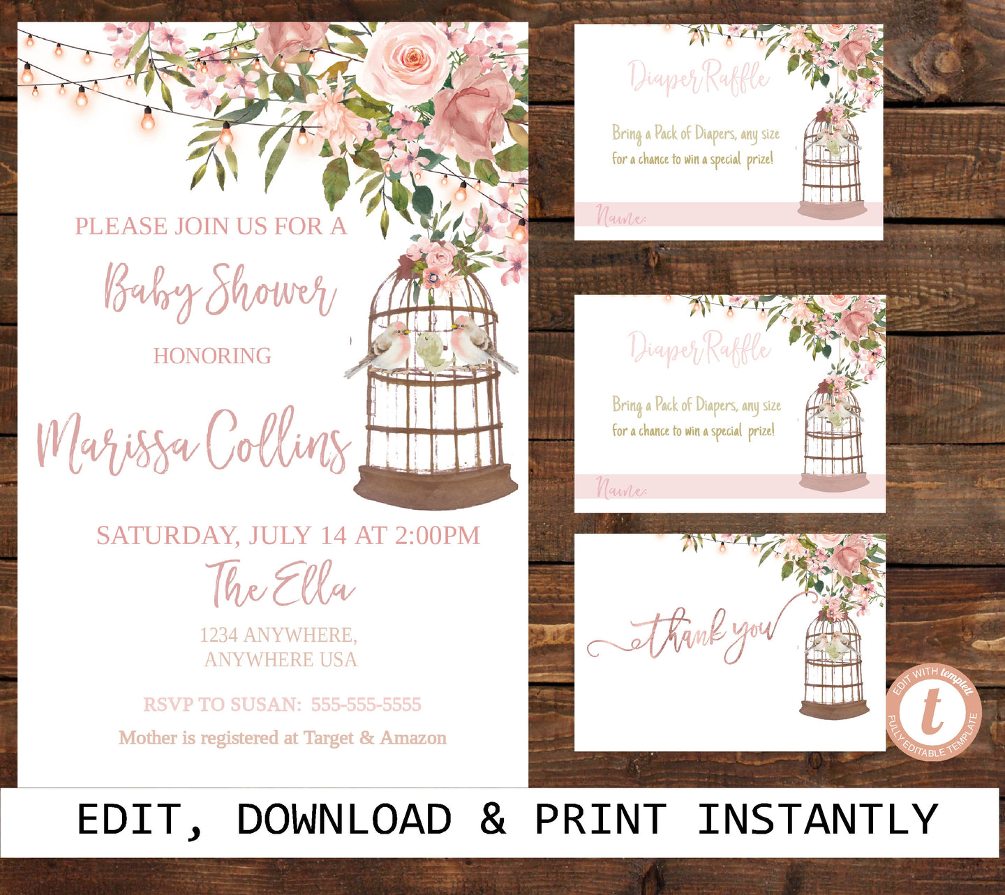 Bird Baby Shower Invite, Rustic Baby Shower, Diaper Raffle, Thank You card, books for Baby, Floral Baby, Printable Invitation Template
