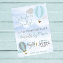 Load image into Gallery viewer, Custom Hot Air Balloon Invitation, Boys Baby Shower Up Up, Pastel blue  Oh the place he&#39;ll  go, hot air , Pastel, baby shower or birthday