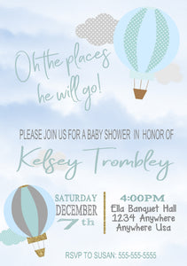Custom Hot Air Balloon Invitation, Boys Baby Shower Up Up, Pastel blue  Oh the place he'll  go, hot air , Pastel, baby shower or birthday