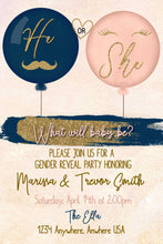 Load image into Gallery viewer, Lashes or Staches Gender Reveal Invitation, Baby Gender Reveal Party,Blush Pink and Navy Blue, He or She, Boy or Girl, Editable Invite