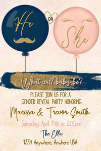Lashes or Staches Gender Reveal Invitation, Baby Gender Reveal Party,Blush Pink and Navy Blue, He or She, Boy or Girl, Editable Invite