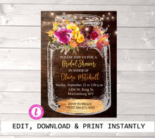 Load image into Gallery viewer, Bridal Shower Invites, Fall  Rustic Bridal Shower Invitation, Mason Jar Bridal Shower Invitation,  Bridal Shower Invitation, Country Chic