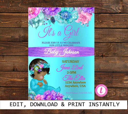 Baby Shower Invitation, African American Baby SHower Party, floral whimsical Invitation, Ethnic Baby  Is On Her Way,  Shower Invite