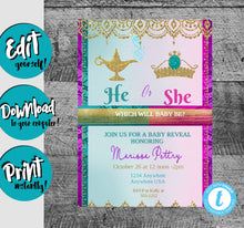 Load image into Gallery viewer, Moroccan Gender reveal invitation, invitation Arabian Nights, Gender Reveal Invitation, Gender Reveal invite, He or She What Will Baby be