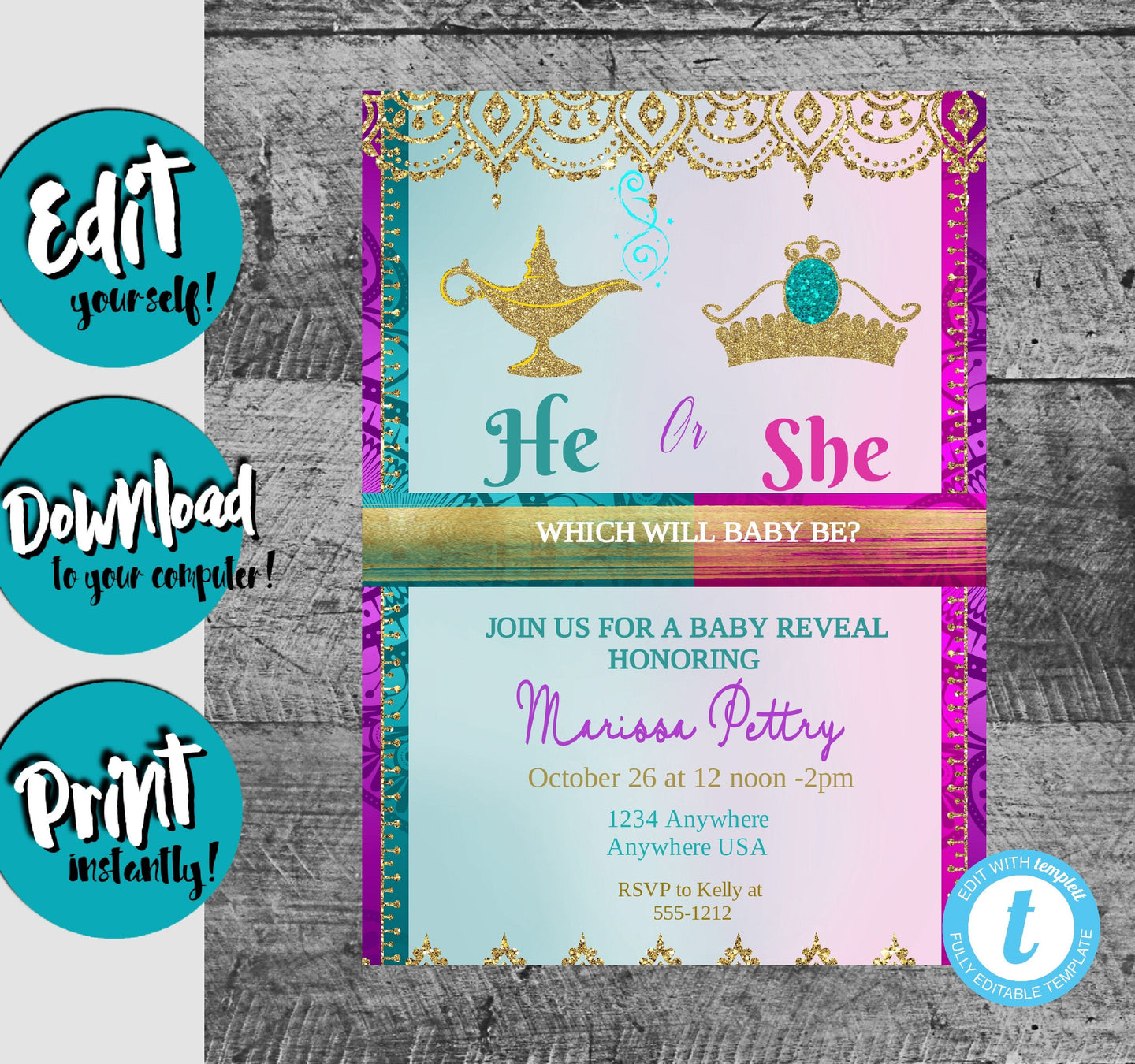 Moroccan Gender reveal invitation, invitation Arabian Nights, Gender Reveal Invitation, Gender Reveal invite, He or She What Will Baby be
