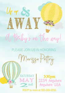 Hot Air Balloon Invitation, Baby SHower Up Up & Away Invite, Baby shower, Oh the places she'll go, Time Flies, Girls baby shower invite