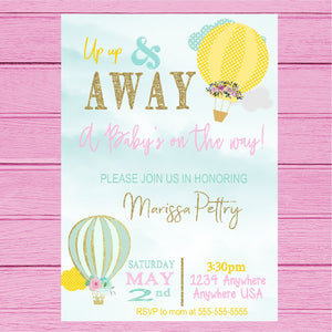 Hot Air Balloon Invitation, Baby SHower Up Up & Away Invite, Baby shower, Oh the places she'll go, Time Flies, Girls baby shower invite