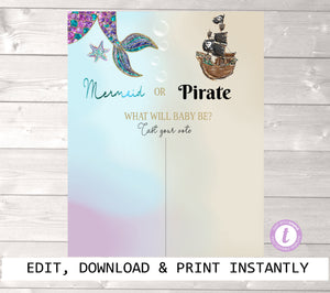 Mermaid or Pirate Gender Reveal Party Sign  He or she guess the Gender, He or She What Will Baby Be, Baby Cast your vote, Instant download