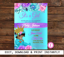 Load image into Gallery viewer, Baby Shower Invitation, Princess African American Baby SHower Party, floral whimsical Invitation, Ethnic Baby  Is On Her Way,  Shower Invite