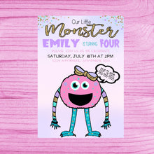 Load image into Gallery viewer, Girls Monster Party Invitation, Birthday invitation, Glitter Monster invite , Hand drawn monster  party, Our Little Monster, Monster Bash