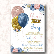 Load image into Gallery viewer, Balloon Gender Reveal  Invitation, Boy or girl, he or she, blue or pink Baby shower, Invitation printable dusty blue blush pink gold Glitter