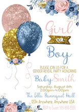 Load image into Gallery viewer, Balloon Gender Reveal  Invitation, Boy or girl, he or she, blue or pink Baby shower, Invitation printable dusty blue blush pink gold Glitter