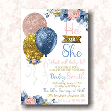 Load image into Gallery viewer, He or she Balloon Gender Reveal  Invitation, Boy or girl, blue or pink Baby shower, Invitation printable dusty blue blush pink gold Glitter