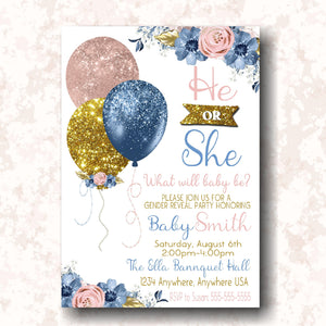 He or she Balloon Gender Reveal  Invitation, Boy or girl, blue or pink Baby shower, Invitation printable dusty blue blush pink gold Glitter