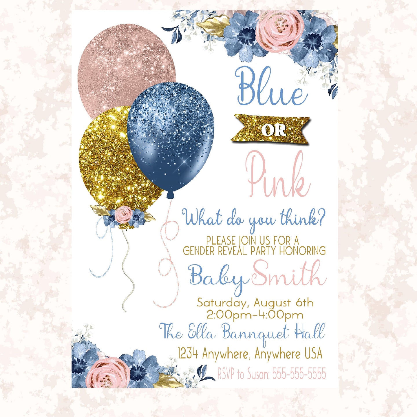 Blue or pink  Balloon Gender Reveal  Invitation, Boy or girl, He or sheBaby shower, Invitation printable dusty blue blush pink gold Glitter