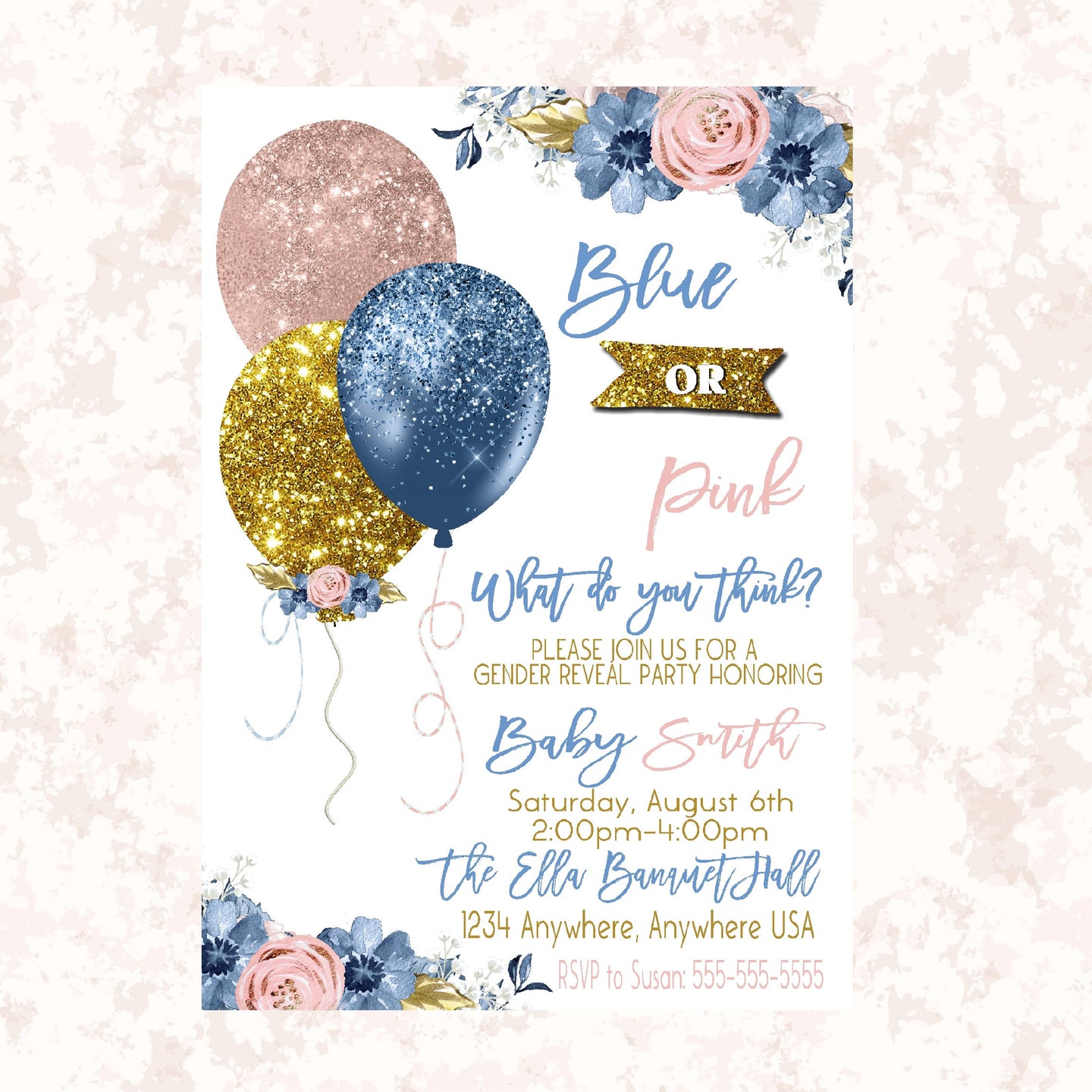 Blue or pink  Balloon Gender Reveal  Invitation, Boy or girl, He or sheBaby shower, Invitation printable dusty blue blush pink gold Glitter