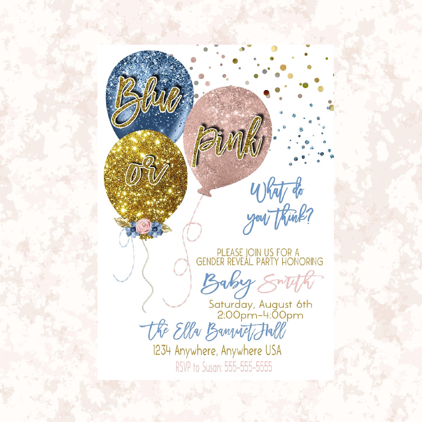 Balloon Gender Reveal  Invitation, Boy or girl, He or she Baby shower, Invite blue or pink  printable  blue blush pink gold Glitter, 008