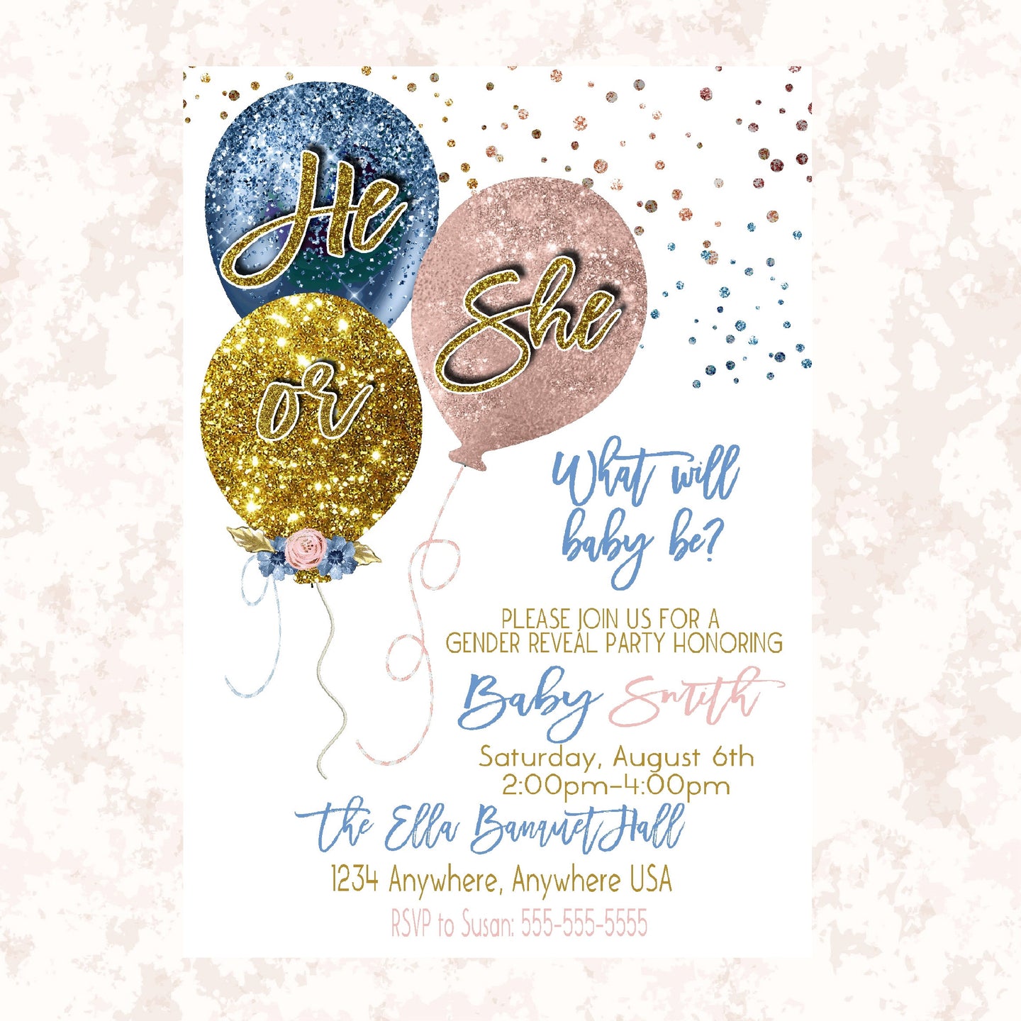 Balloon Gender Reveal  Invitation, Boy or girl, He or she Baby shower, Invite blue or pink  printable  blue blush pink gold Glitter, 009