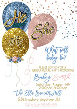 Load image into Gallery viewer, Balloon Gender Reveal  Invitation, Boy or girl, He or she Baby shower, Invite blue or pink  printable  blue blush pink gold Glitter, 009