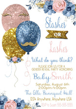 Load image into Gallery viewer, Balloon Gender Reveal  Invitation, Boy or girl, Stashes or Lashes  Baby , Invite blue or pink  printable  blue blush pink gold Glitter, 009