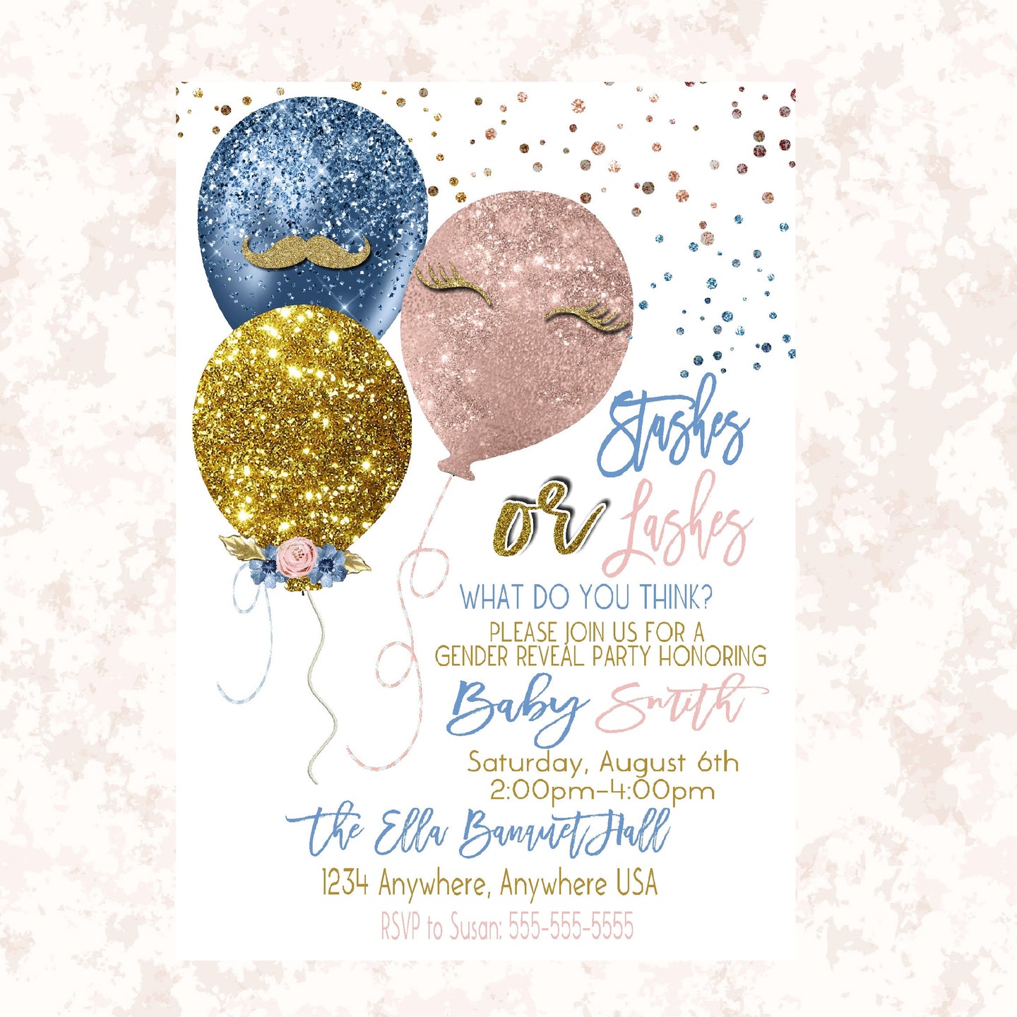 Balloon Gender Reveal  Invitation, Boy or girl, Stashes or Lashes  Baby , Invite blue or pink  printable  blue blush pink gold Glitter, 009