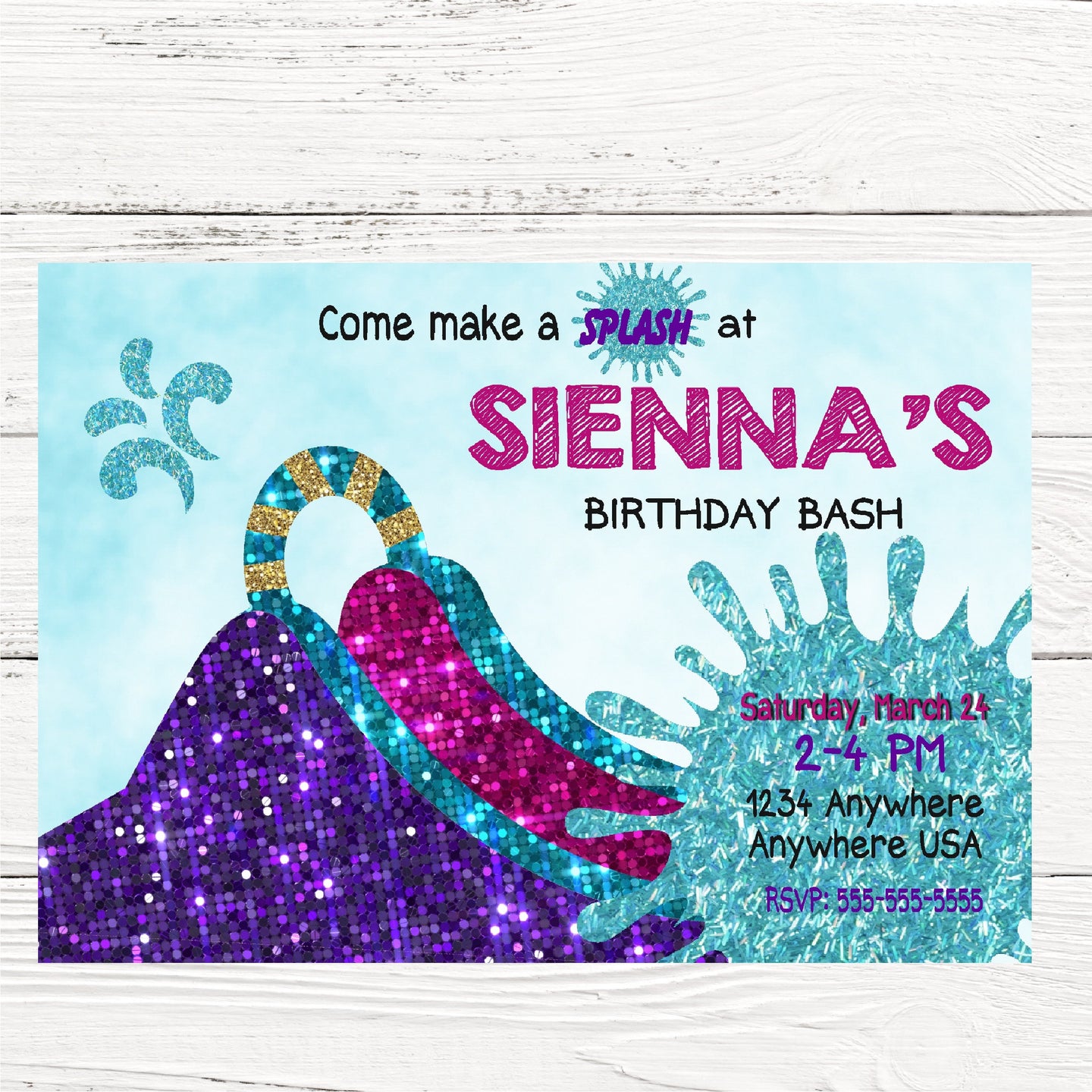 Summer Water slide  invitation, summer birthday party invite, Glitter slide Birthday Invitation,  Digital file, Swim Pool birthday party