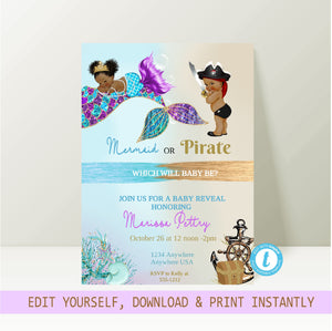 African American, Gender Reveal Invitation, Mermaid or Pirate Gender Reveal Party Invite, Glitter, He or She What Will Baby be edit youself