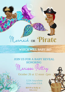 African American, Gender Reveal Invitation, Mermaid or Pirate Gender Reveal Party Invite, Glitter, He or She What Will Baby be edit youself