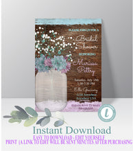 Load image into Gallery viewer, Baby&#39;s Breath Bridal Shower Rustic Mason Jar Invitation, Country invite, Violet Teal Flowers, Bridal Boho floral Watercolor, You edit