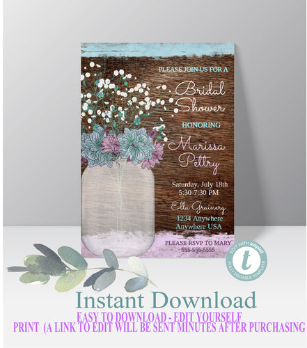 Baby's Breath Bridal Shower Rustic Mason Jar Invitation, Country invite, Violet Teal Flowers, Bridal Boho floral Watercolor, You edit