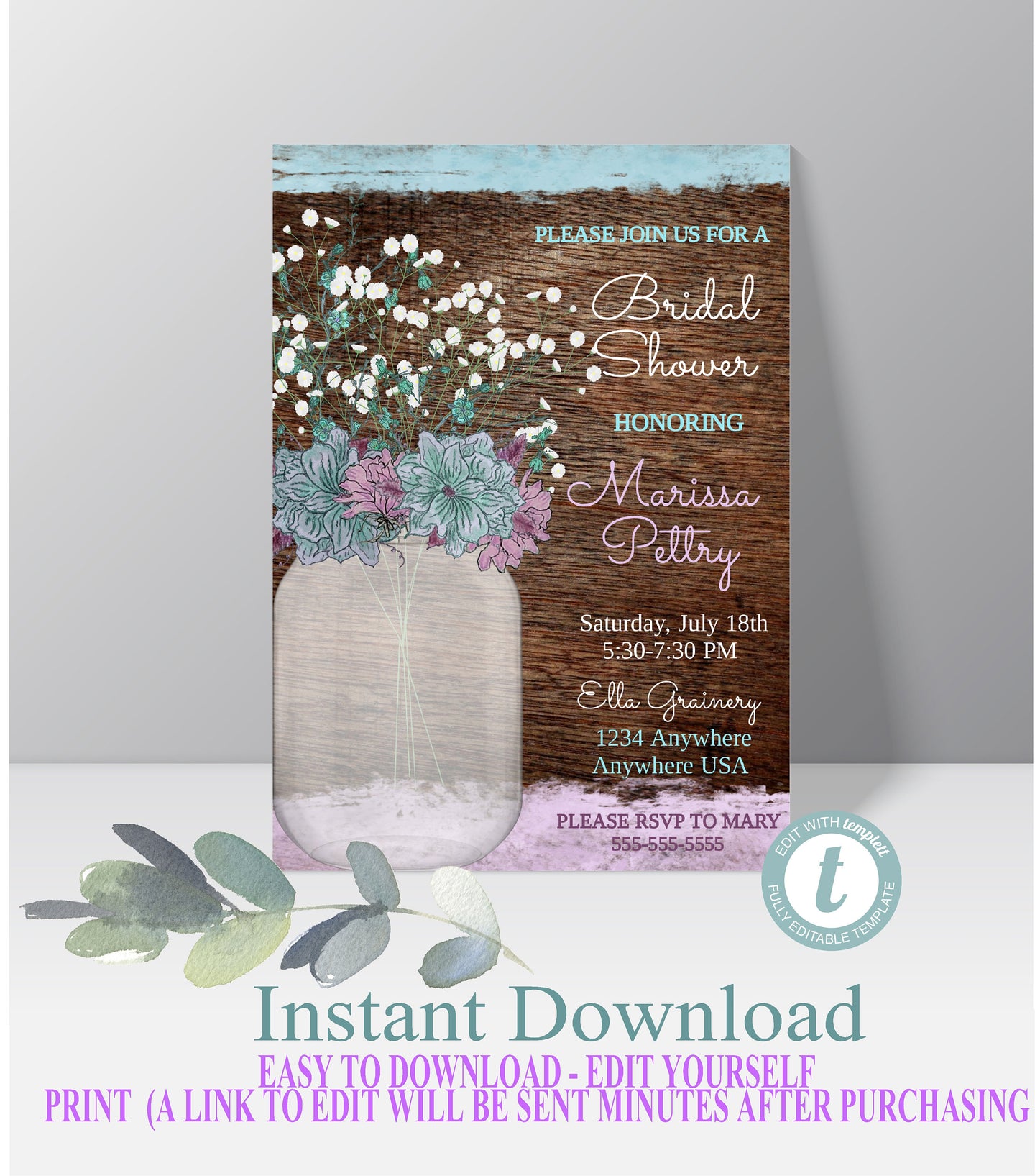 Baby's Breath Bridal Shower Rustic Mason Jar Invitation, Country invite, Violet Teal Flowers, Bridal Boho floral Watercolor, You edit
