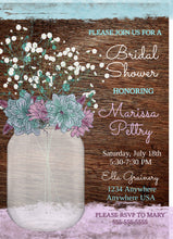 Load image into Gallery viewer, Baby&#39;s Breath Bridal Shower Rustic Mason Jar Invitation, Country invite, Violet Teal Flowers, Bridal Boho floral Watercolor, You edit