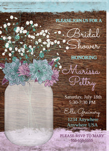 Baby's Breath Bridal Shower Rustic Mason Jar Invitation, Country invite, Violet Teal Flowers, Bridal Boho floral Watercolor, You edit