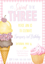 Load image into Gallery viewer, Ice Cream Birthday Invitation | Glitter Sweet to be three Invite | Edit Yourself | Instant Download | cupcake | Sweet celebration |Printable