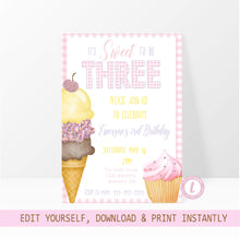 Load image into Gallery viewer, Ice Cream Birthday Invitation | Glitter Sweet to be three Invite | Edit Yourself | Instant Download | cupcake | Sweet celebration |Printable