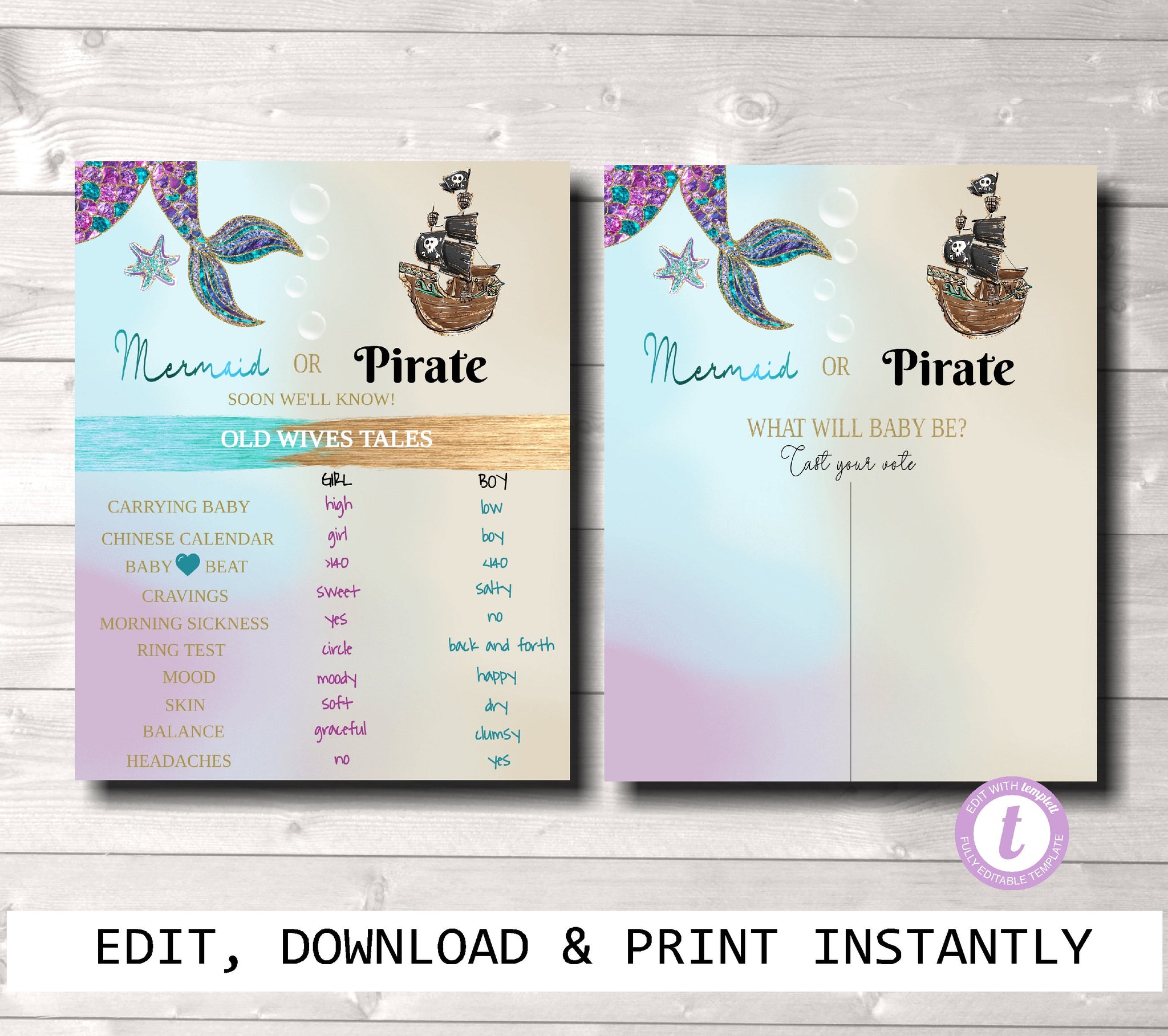 Mermaid or Pirate Gender Reveal Party Signs Old wives tale Gender Reve picture