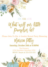 Load image into Gallery viewer, Pumpkin Gender Reveal Invitation, Blush Pink and Dusty Blue, He or She, Boy or Girl, Fall Floral  Baby Gender Reveal Party, Editable Invite