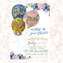 Load image into Gallery viewer, Blue or pink  Balloon Gender Reveal  Invitation, Boy or girl, He or sheBaby shower, Invitation printable  blue blush pink gold Glitter, 007
