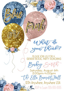 Blue or pink  Balloon Gender Reveal  Invitation, Boy or girl, He or sheBaby shower, Invitation printable  blue blush pink gold Glitter, 007