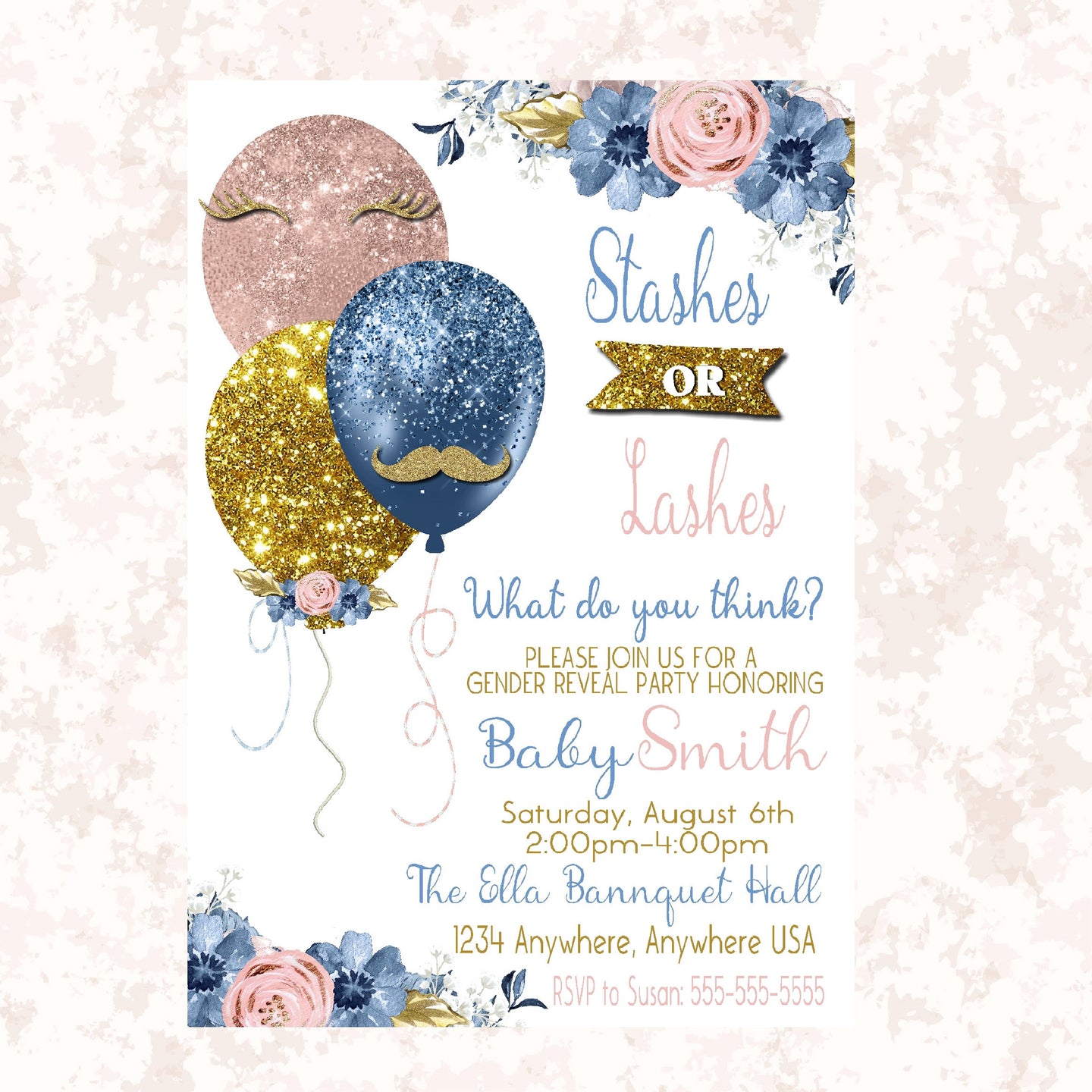 Balloon Gender Reveal  Invitation, Boy or girl, Stashes or Lashes  Baby , Invite blue or pink  printable  blue blush pink gold Glitter, 009