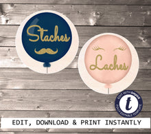 Load image into Gallery viewer, Balloons Team staches or Team lashes Favor Tags stickers  | Edit Yourself Balloon Favor tags, Thank you Label gender reveal, boy or girl