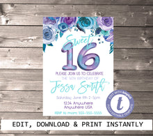 Load image into Gallery viewer, Sweet 16 Party Invitation Template, Printable Birthday Party Invitation, Balloons Sweet Sixteen Invite, Floral, Birthday Invitation, edit