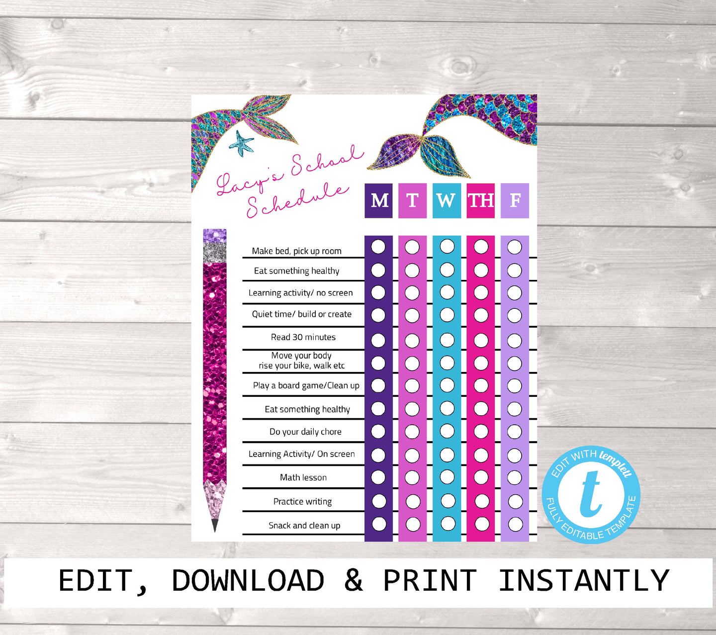Mermaid Homechool schedule, Back to school, Distance Learning Chart, Family Schedule, Daily Planner, Kids Routine Checklist, Timeline, Chore