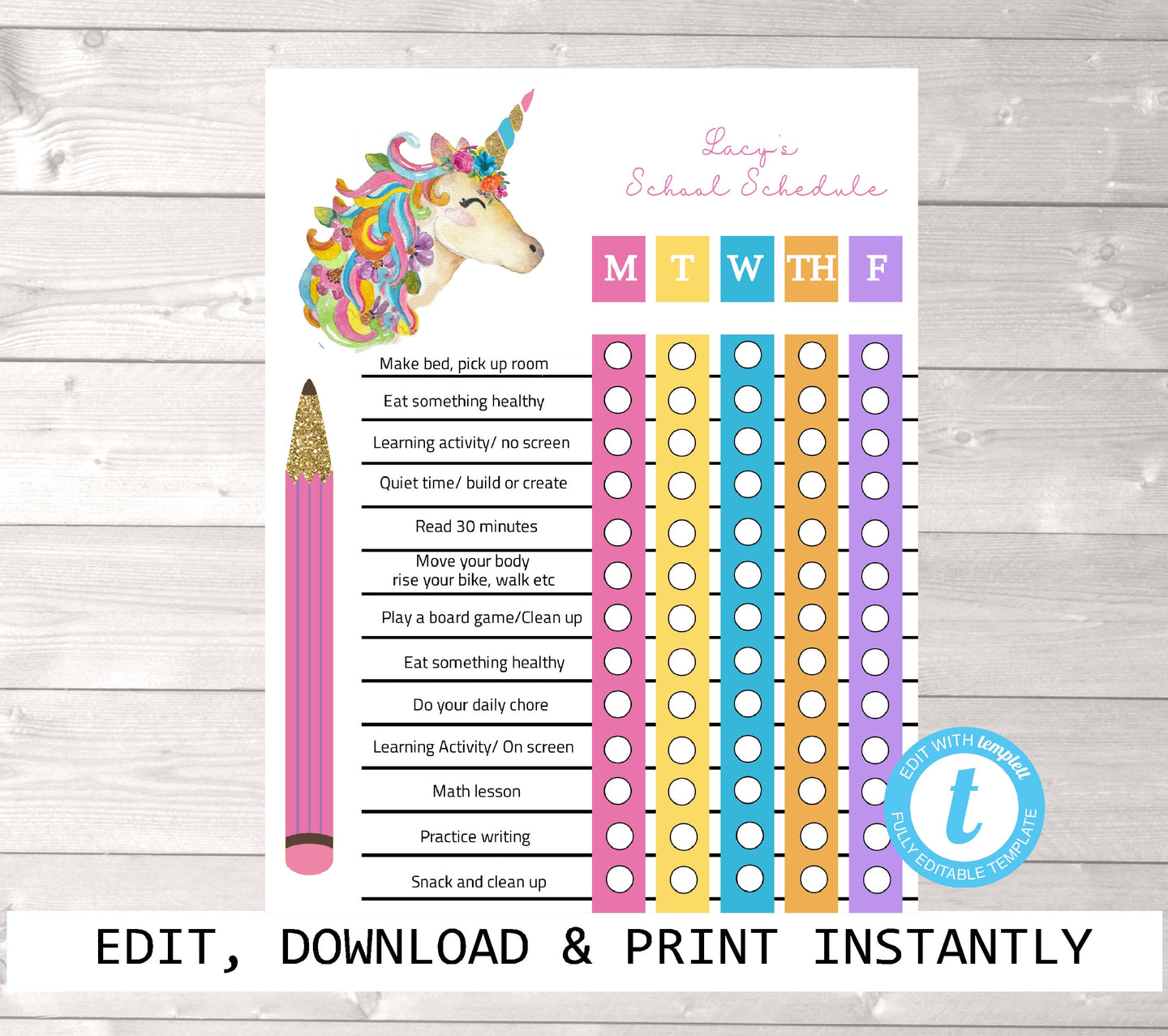 Unicorn Homechool schedule, Back to school, Distance Learning Chart,Comic, Family  Daily Planner, Kids Routine Checklist, Timeline, Chore