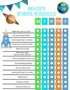 Outerspace Homechool schedule, Back to school, Distance Learning Chart, Family Schedule, Daily Planner, Kids Daily Routine Checklist, Chore