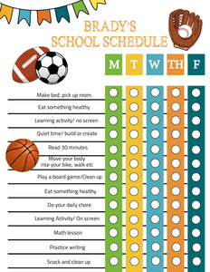 Sports Homechool schedule, Back to school, Distance Learning Chart, Family Schedule, Daily Planner, Kids Daily Routine Checklist, Chore