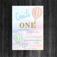 Load image into Gallery viewer, Hot Air Balloon Invitation, First Birthday Up Up &amp; Away Invite, Baby shower, Oh the places she&#39;ll go, Time Flies, Birthday Girl Invitation