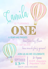 Load image into Gallery viewer, Hot Air Balloon Invitation, First Birthday Up Up &amp; Away Invite, Baby shower, Oh the places she&#39;ll go, Time Flies, Birthday Girl Invitation