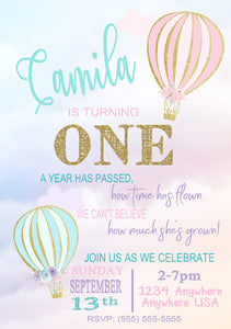 Hot Air Balloon Invitation, First Birthday Up Up & Away Invite, Baby shower, Oh the places she'll go, Time Flies, Birthday Girl Invitation