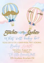 Load image into Gallery viewer, Hot air Balloon Gender Reveal  Invitation, staches or lashes, adventure awaits, Invite blue or pink  printable,   gold Glitter, 1114